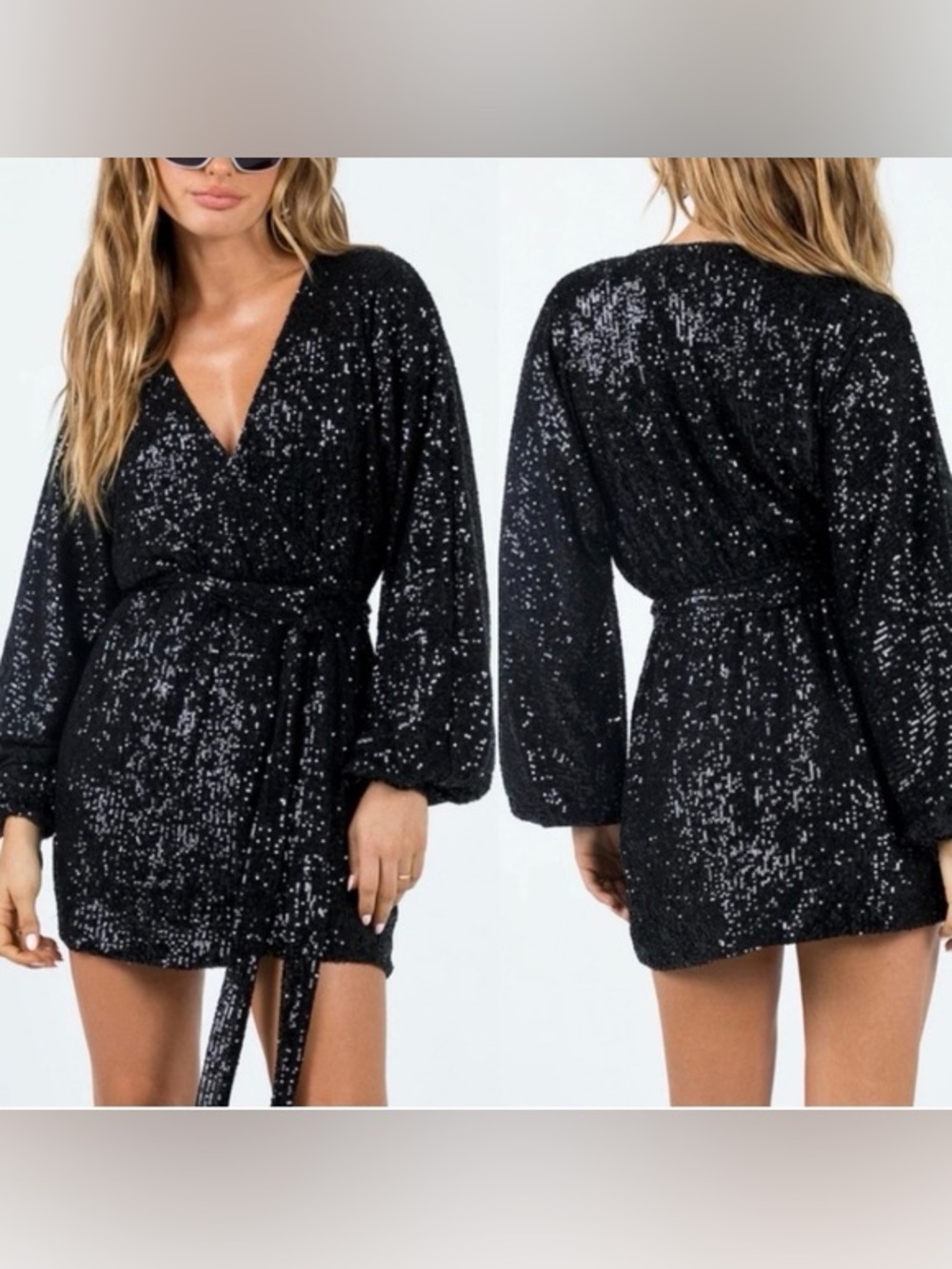 Princess Polly Black Sequin Wrap Mini Dress with Tie Waist